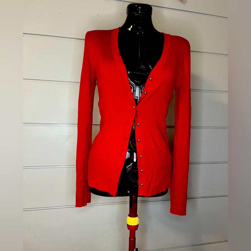 Red ribbed silk blend button up cardigan
